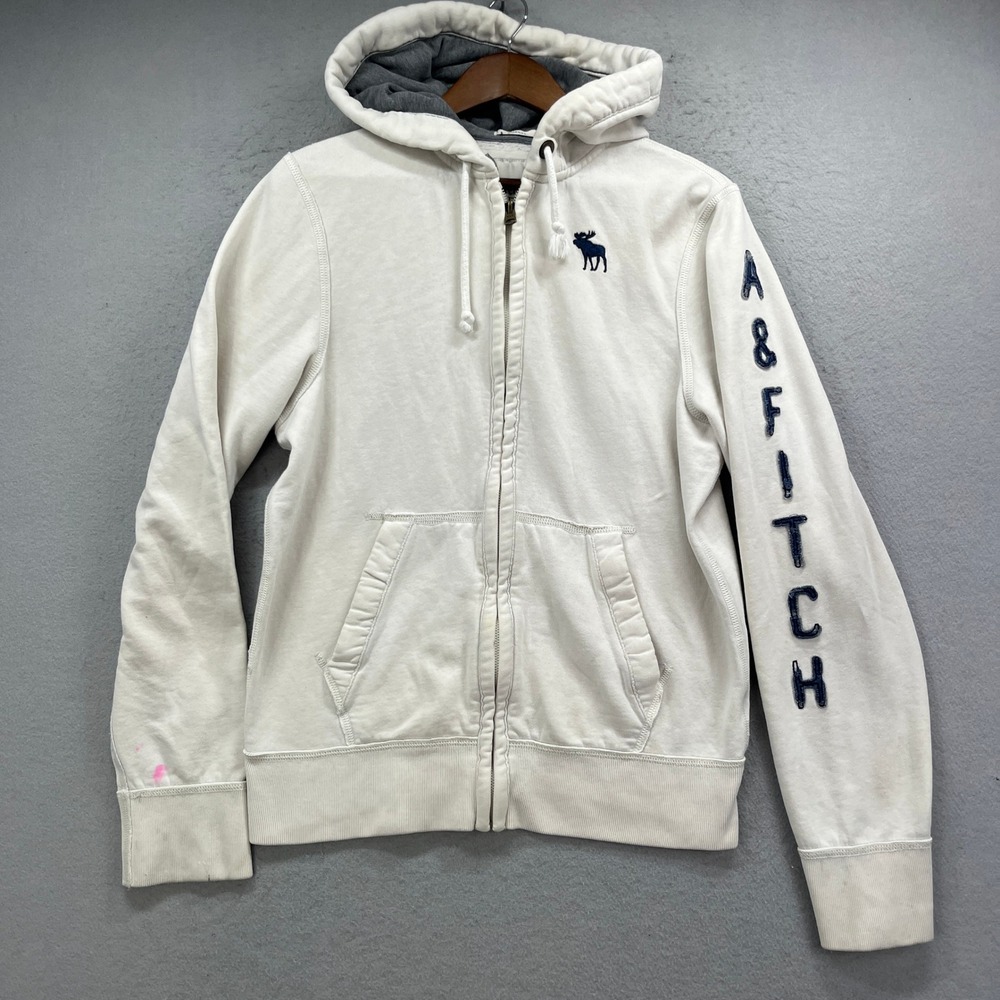 Abercrombie & Fitch Full Zip Hoodie Mens Medium White Muscle Distressed Y2K